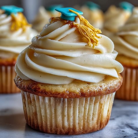Simple Graduation Cupcakes with Cap Fondant Toppers: Moist vanilla cupcakes topped with buttercream and handmade fondant graduation caps for festive celebrations.