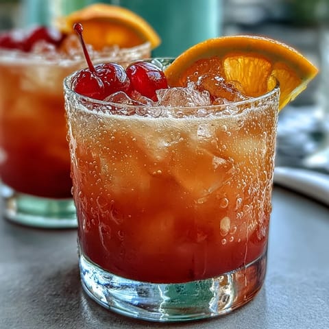 Vibrant ombre sunrise mocktail with grenadine, orange, and pineapple juices, served with ice and a cherry garnish.
