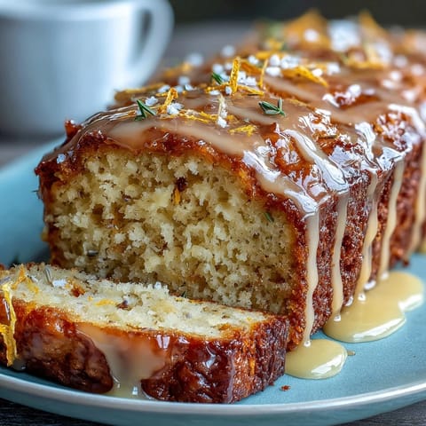 A golden Lemon Lavender Loaf Cake drizzled with honey glaze, topped with fresh lemon zest and lavender buds for a fragrant, elegant dessert.  