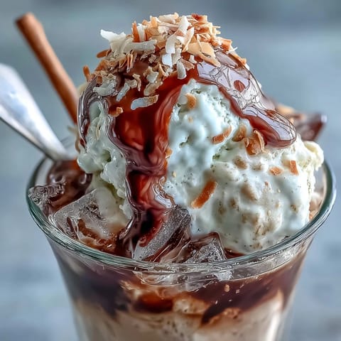 Irresistible coconut cold brew float, a cool, sweet coffee dessert treat.