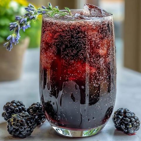 A vibrant glass of Blackberry Lavender Lemonade Fizz with fresh berries and lemon slices, perfect for summer sipping.