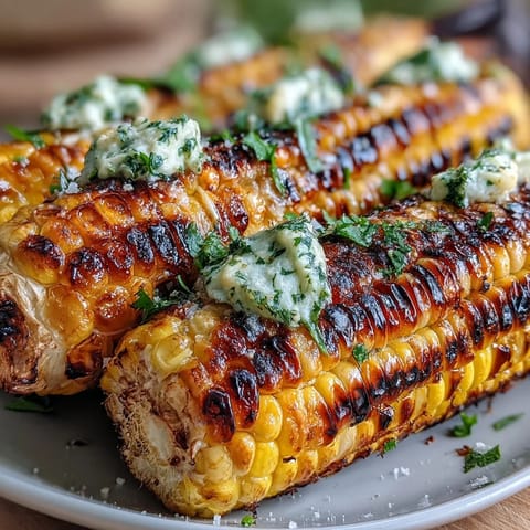 Memorial Day Grilled Corn with Herbed Butter 4 Ways - Plump grilled corn cobs glistening with smoky char, served with four vibrant herbed butters.  