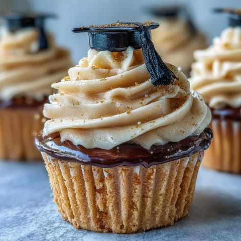 Glistening black and gold fondant caps crown festive vanilla Graduation Cupcakes.
