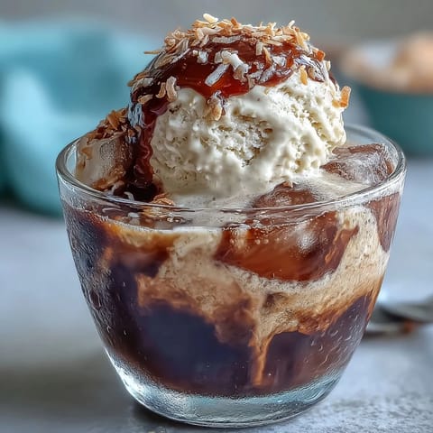 Creamy coconut cold brew float topped with melting vanilla bean ice cream.