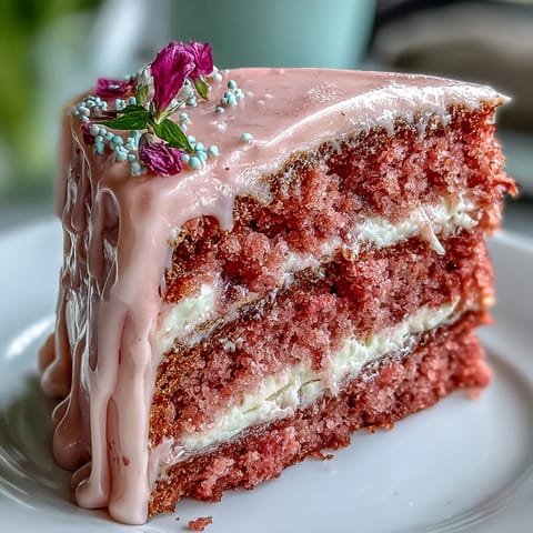 Bridal Shower Rosé Velvet Cake boasts a tender pink crumb with elegant gold drip finale.