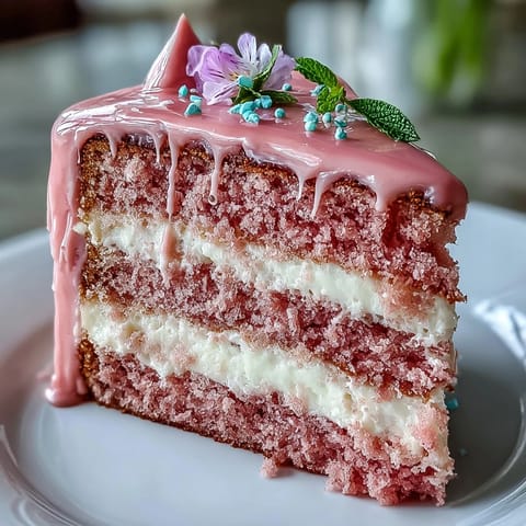 Rich pink Rosé Velvet Cake is frosted richly, perfect for elegant bridal showers.