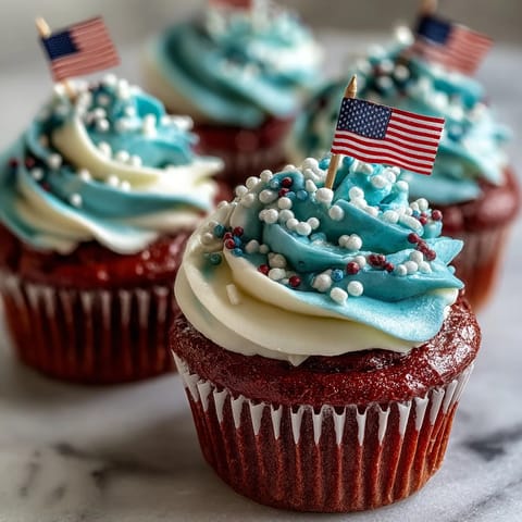 Bright, swirled frosting atop Star-Spangled Banner Cupcakes, ready for parties.
