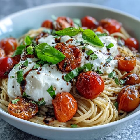 Tangy balsamic glaze tops this vibrant Summer Caprese Pasta with fresh basil.