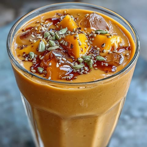 A thick, refreshing mango lassi smoothie blended with sweet mango and fragrant cardamom spice.