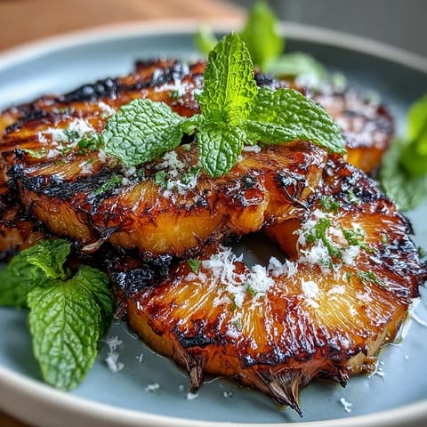 Caramelized grilled pineapple with spicy yuzu kosho butter, ready to serve garnished.
