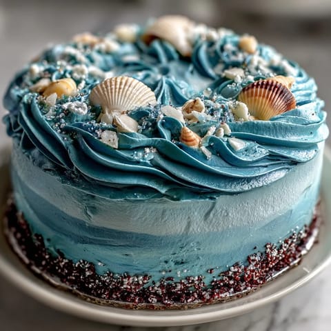 Cancer Zodiac Cake showcases striking ocean blue buttercream topped with glistening edible shells.