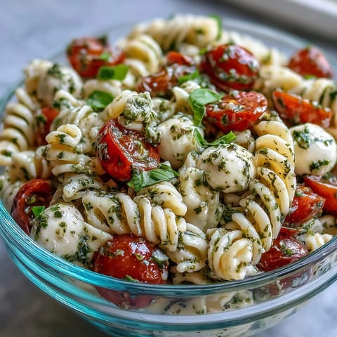 Caprese Pasta Salad brimming with fresh tomatoes, mozzarella pearls, and vibrant pesto.