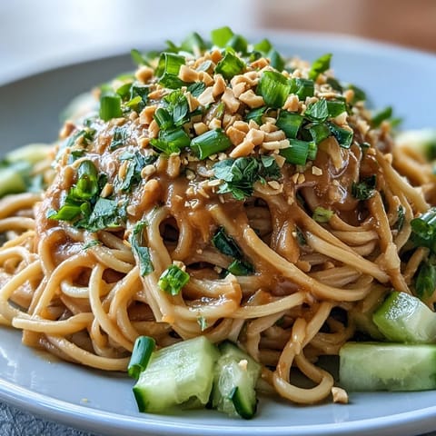Refreshing Cold Peanut Sesame Noodles with crisp cucumber and nutty sauce.