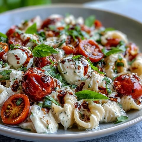 Summer Caprese Pasta with Burrata showcases creamy burrata, ripe tomatoes, and fresh basil.