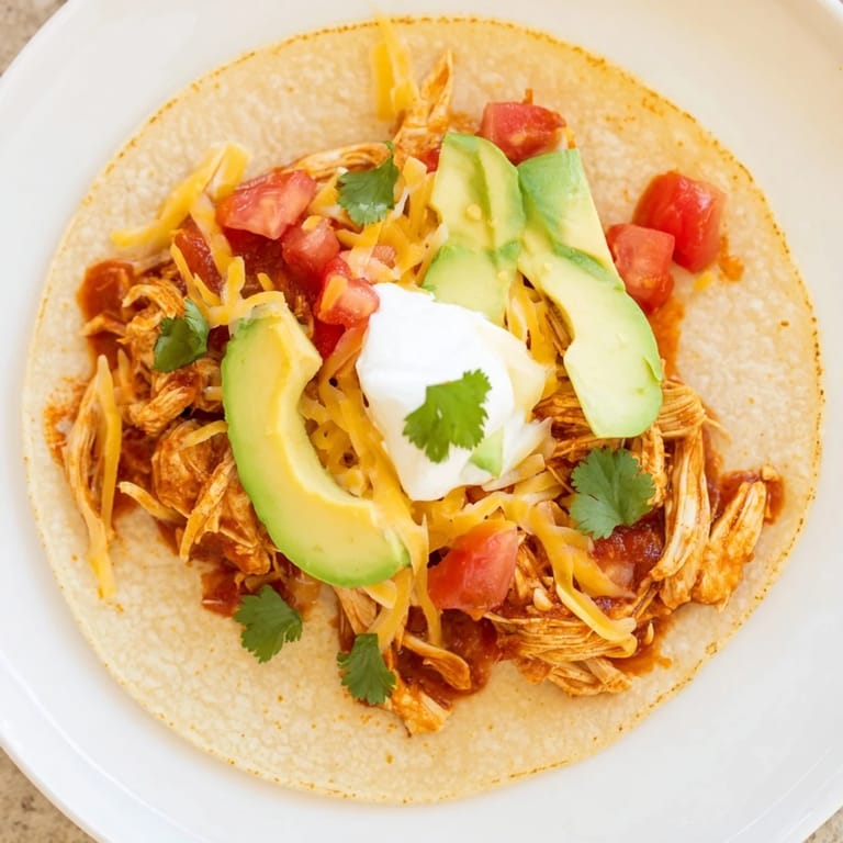 Close-up of juicy slow cooker shredded chicken tacos, piled high with fresh toppings for a delightful meal.