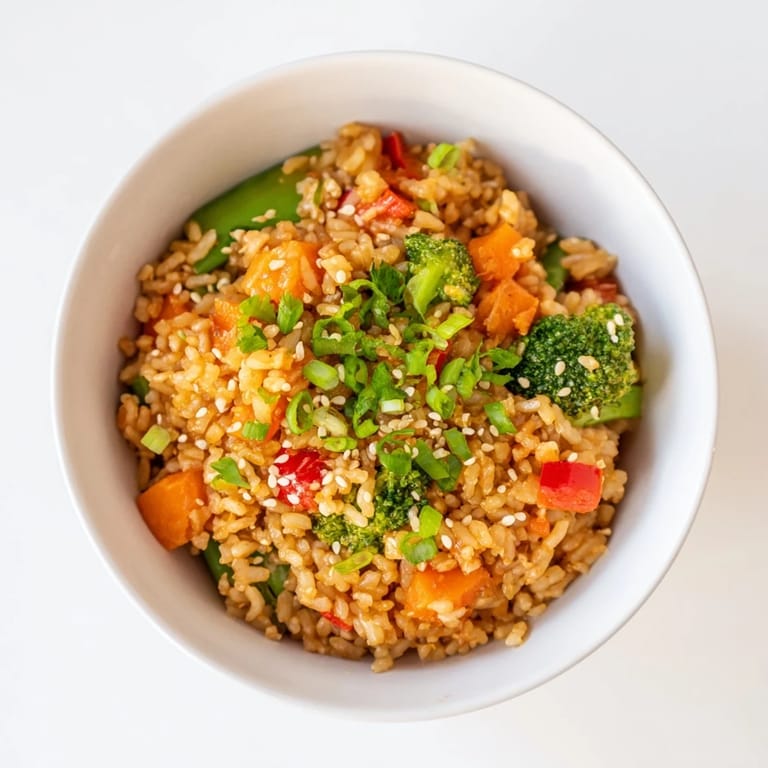 A steaming bowl of Crispy Vegetable Fried Rice showcases perfectly cooked rice and a medley of vibrant stir-fried veggies.