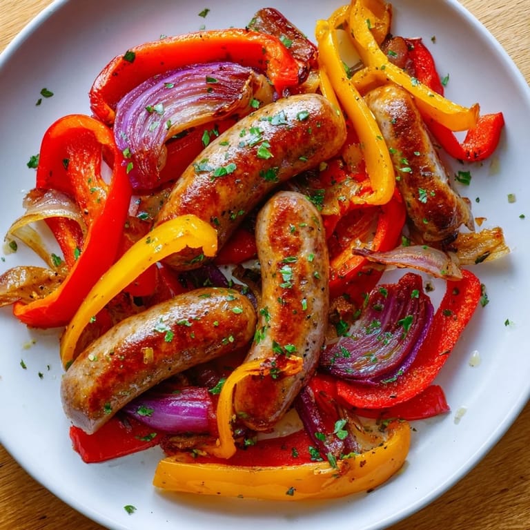 Sheet Pan Italian Sausage, Peppers, and Onions with herbs; a delicious, complete, gluten-free dinner idea.