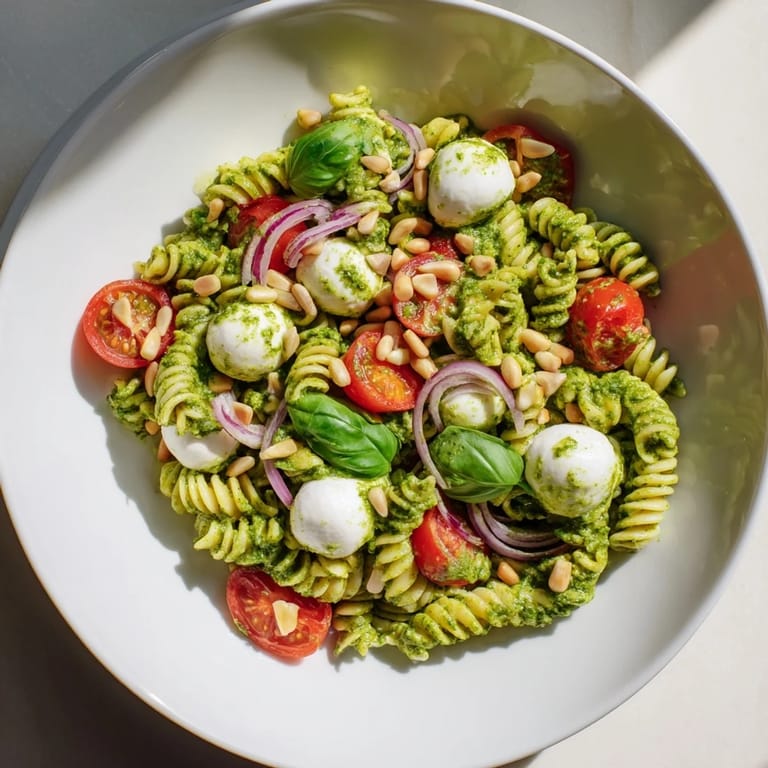 This Italian cold pasta salad features pesto, mozzarella, and juicy cherry tomatoes, a picnic favorite.