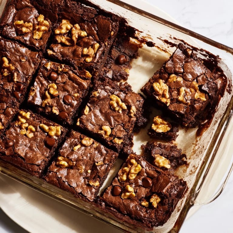 A pan of rich, decadent fudgy walnut brownies, studded with crunchy walnuts, ready to be cut.
