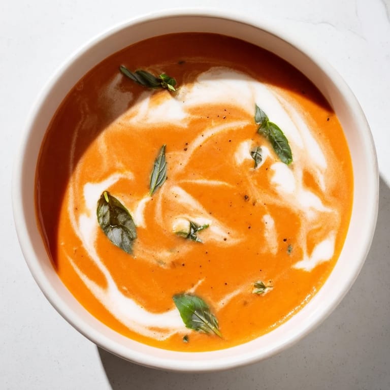 Creamy tomato and basil soup, a delightful vegetarian meal, ready to warm you on a chilly day.