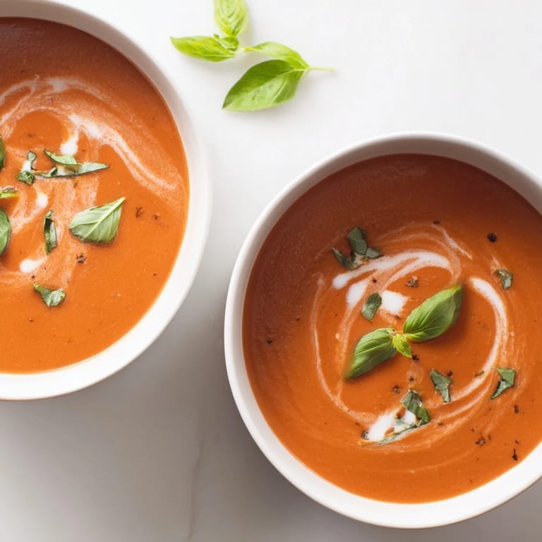 Silky-smooth tomato and basil soup, a vibrant blend of fresh tomatoes and herbs, perfect with crusty bread.