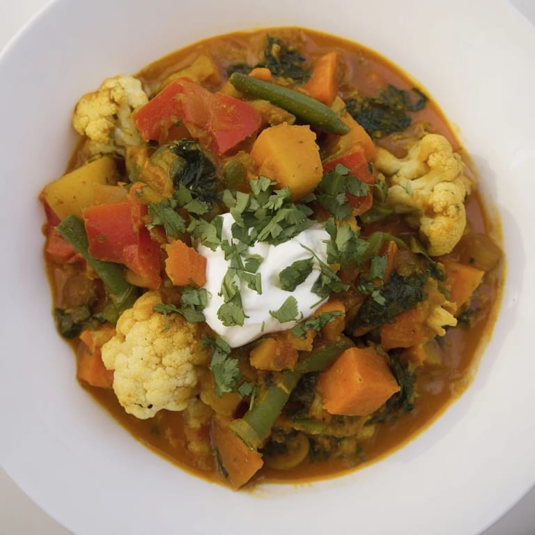 A visually appealing, fragrant Waste-Free Vegetarian Curry served over fluffy rice, garnished with vibrant herbs.