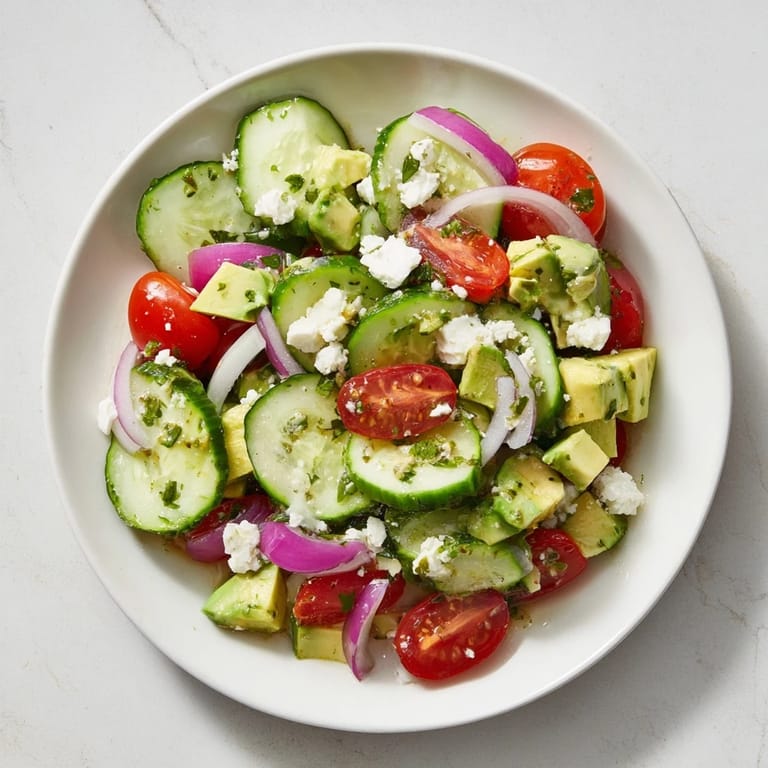 Close-up of Fresh Cucumber, Tomato, and Avocado Salad; creamy avocado and feta cheese visible in this dish.