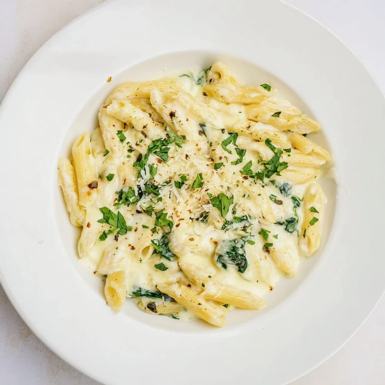 A steaming bowl of Magic Casserole: Creamy Spinach Pasta, perfect for a cozy, delicious dinner.