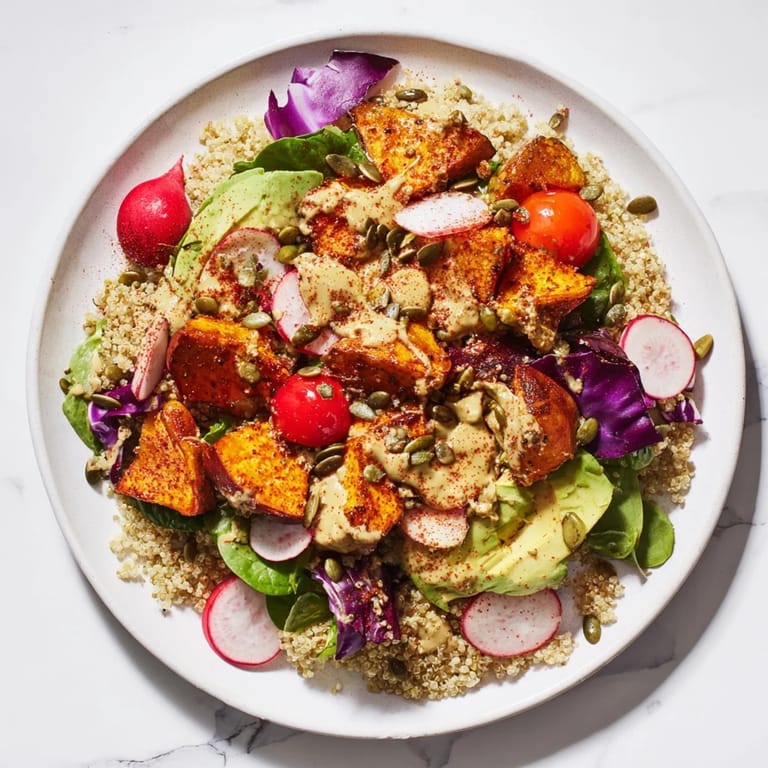 A visually appealing, healthy Complete Veggie Bowl showcasing fluffy quinoa, greens, and flavorful toppings.