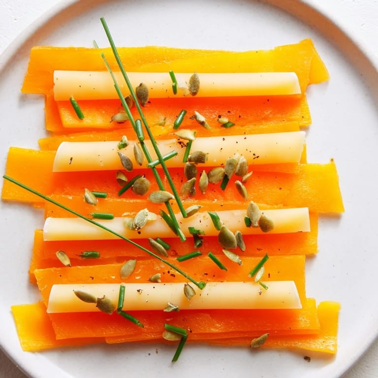 A visually appealing Serengeti Sunset appetizer with colorful bands of fruit and cheese, ready to eat.