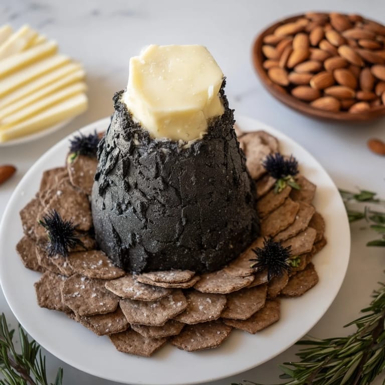 Dramatic close-up of The Obsidian Peak, a striking cheddar cheese platter for your appetizer spread.