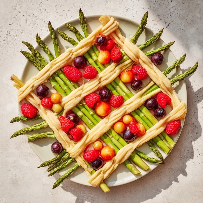 This eye-catching The Botanical Lattice appetizer showcases a beautiful asparagus grid filled with colorful fruits for serving.
