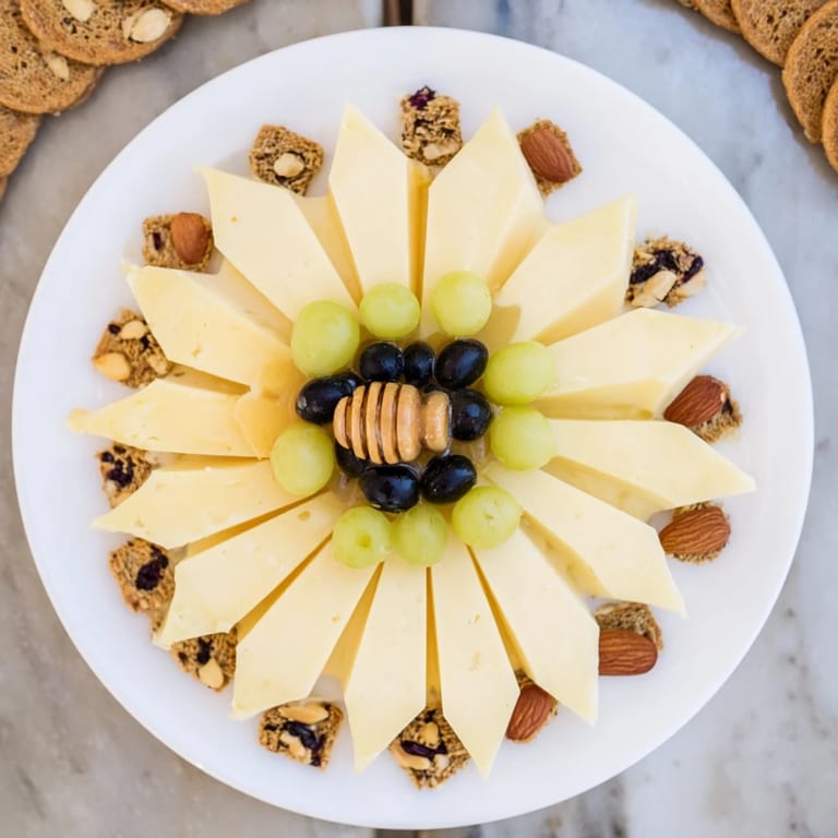This "Gilded Hive" appetizer presents a honeycomb centerpiece surrounded by assorted cheeses and crackers.
