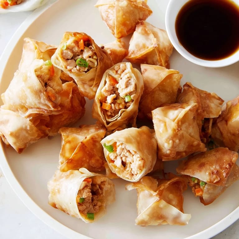 Close-up of freshly air-fried Chicken Lumpia Bites, showing the flaky texture and golden-brown exterior, perfect snack.