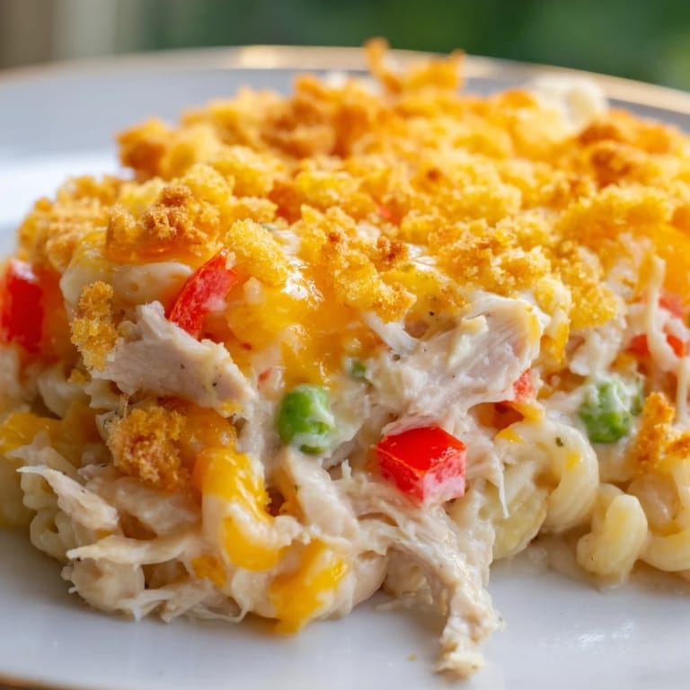 Golden-brown top on this baked Chicken Macaroni Southern Style, imagining its savory aroma and delightful flavors.
