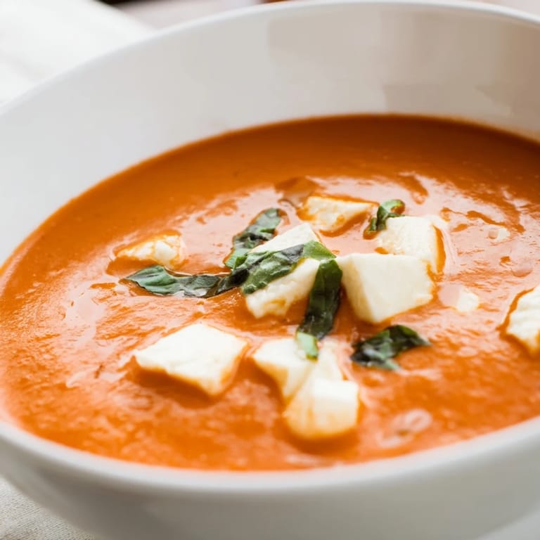 A close-up view of steaming Creamy Tomato Mozzarella Soup, a vegetarian delight, perfect for a chilly day.