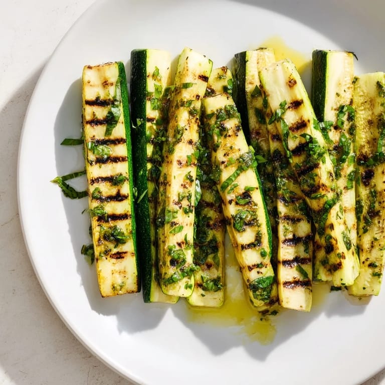 Close-up of marinated Garlic Herb Grilled Zucchini, tender and glistening, perfect for a summer BBQ.