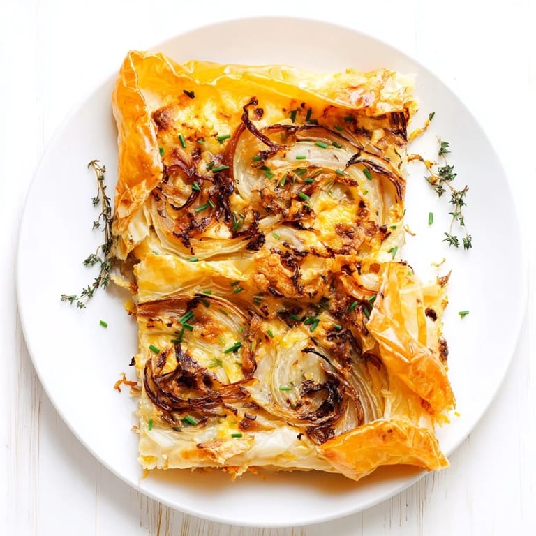 Rustic Caramelized Onion Tart with gently folded pastry encasing sweet, browned onions, ready to serve and enjoy.