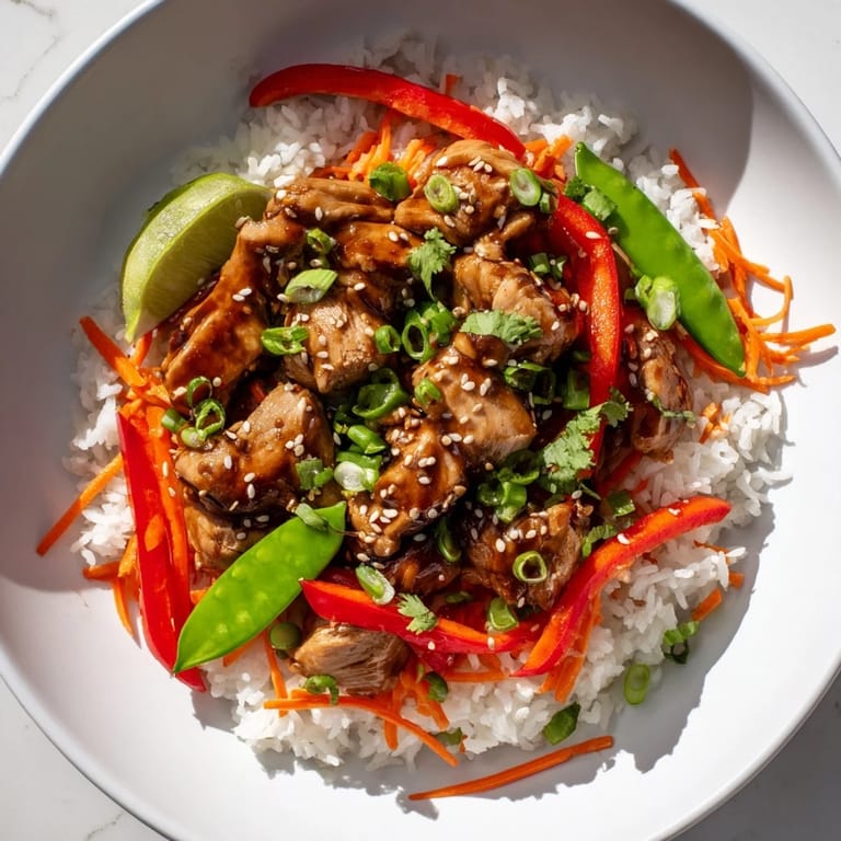 An overhead shot of a vibrant, ready-to-eat Sesame Ginger Rice Bowl with fresh garnishes.