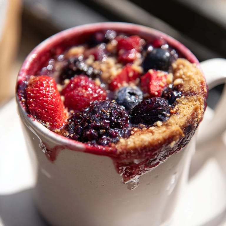 Juicy mixed berries peek from beneath the golden cobbler crust of this easy Mug Cake.