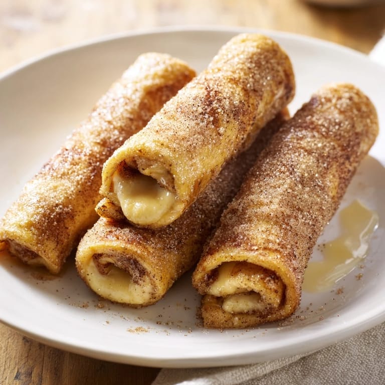 Warm and sweet Easy French Toast Roll-Ups, showcasing melty cream cheese interiors and cinnamon coating.