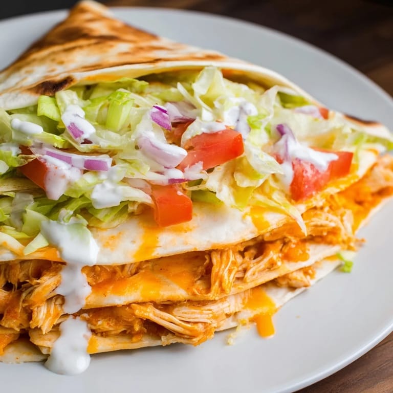 Golden-brown folded Buffalo Chicken Wrap, showcasing melty cheese, fresh veggies, and creamy textures.