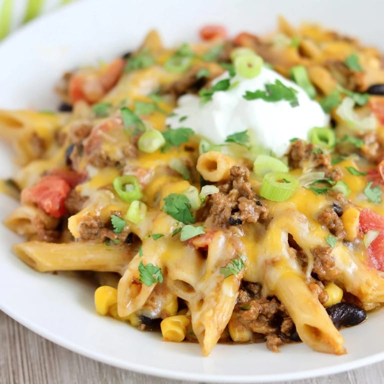 Sizzling Cheesy Taco Pasta, with melted cheese and tender pasta, a flavorful Tex-Mex delight.