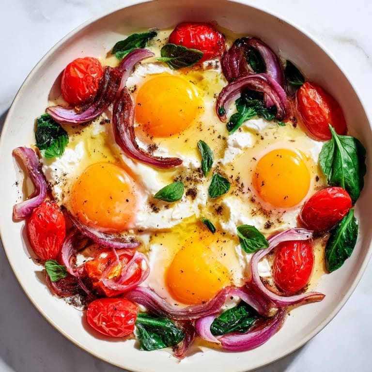 A close-up of cheesy, bubbling Baked Feta Eggs with tomatoes, spinach and perfectly cooked eggs.