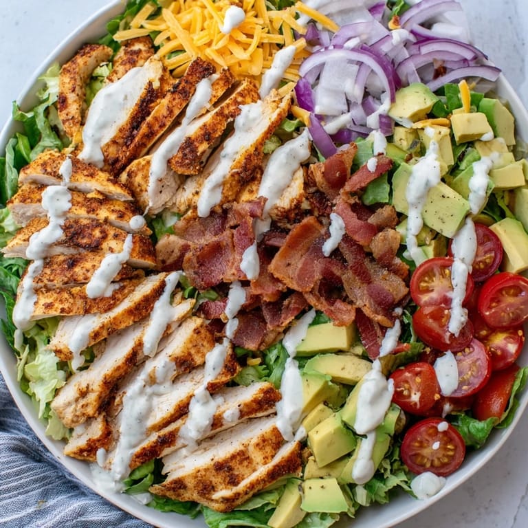 Imagine a beautiful bowl: the hearty Crispy Bacon Chicken Salad, ready for a satisfying bite.