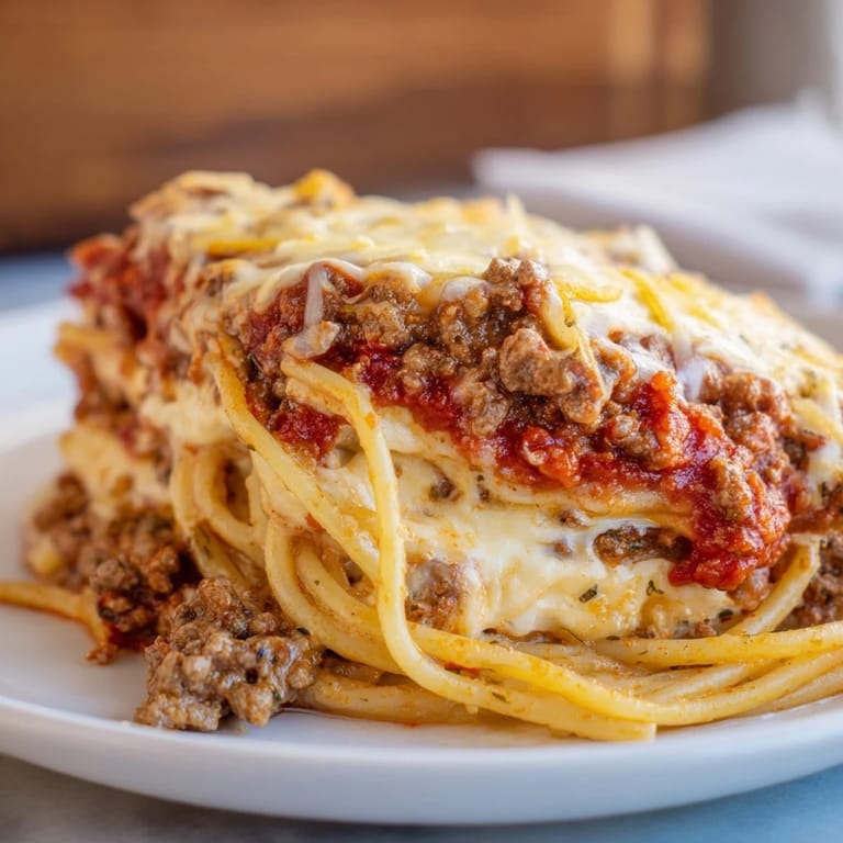 A comforting photo of a bubbling, cheesy Million Dollar Spaghetti casserole, perfect for a family meal.