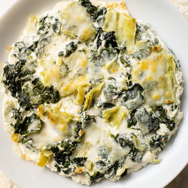 A close-up of Spinach Artichoke Dip, beautifully browned and served with crisp tortilla chips.