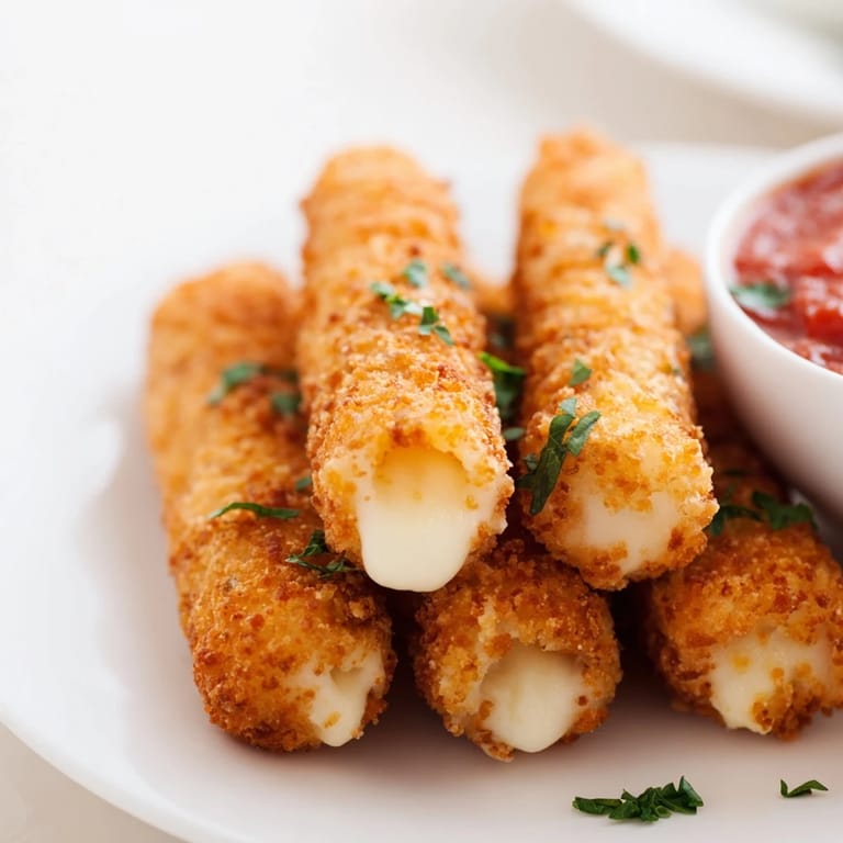 Melted cheese oozing from crisp, golden brown air fryer mozzarella sticks, perfect party appetizer.