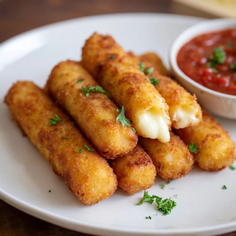 Quick and easy air fryer mozzarella sticks, served with marinara, offer a delightfully cheesy bite.