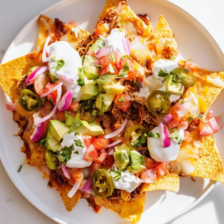 Golden, crispy tortilla chips loaded with tender pulled pork, making the perfect loaded nachos.